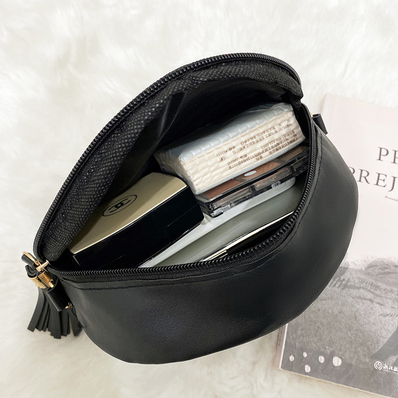 Bolso Redondo de Hombro Bordado para Mujer, PU, con Borla y Cadena, para Uso Diario