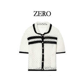 ZERO自制欧美风时尚新款女装2POLO 衫领镂空针织开衫短袖外套夏季