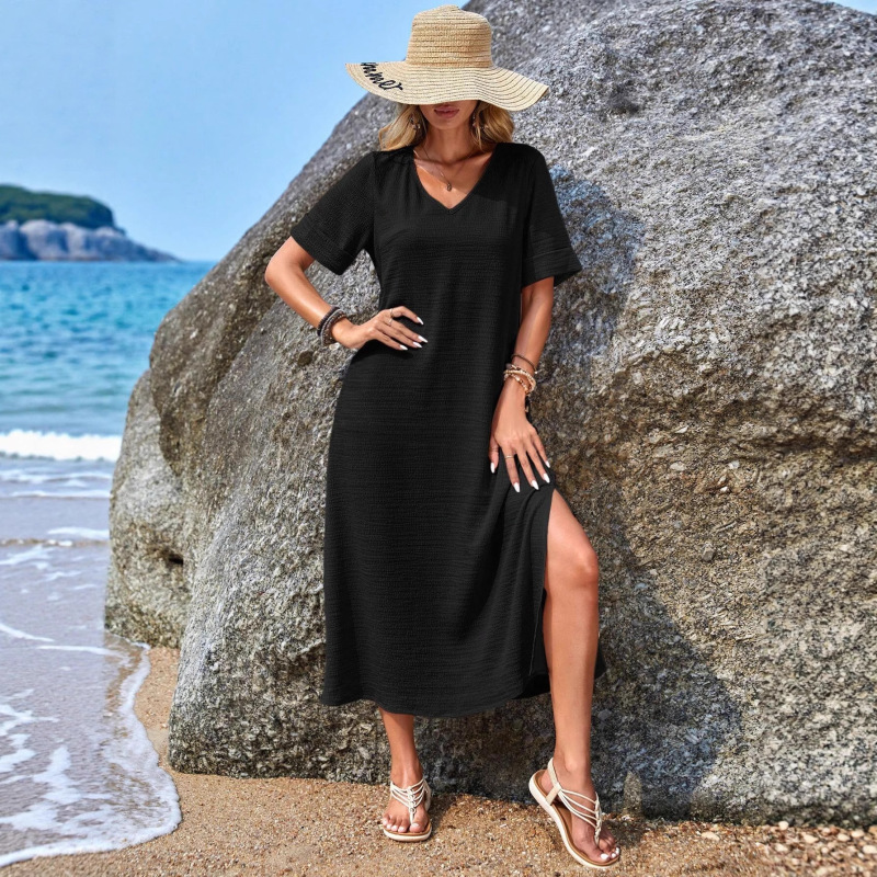 2025 European and American Independent Station Cross-Border Summer New Sexy Hot Girl Thigh Slit V Neck Short-Sleeved Long Dress