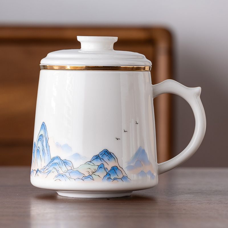 羊脂玉茶杯陶磁器茶水分離オフィスカップ国潮文創水杯会社年次総会ビジネスお土産|undefined