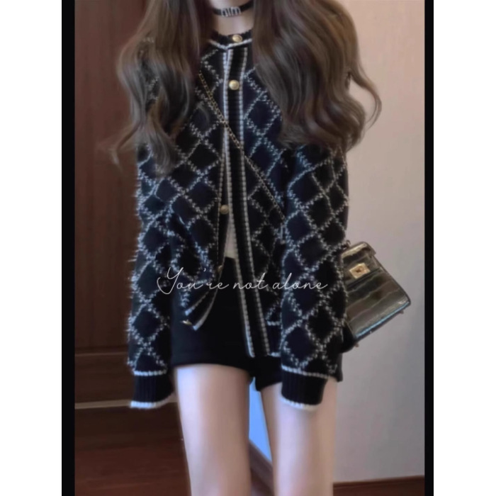 设计感菱格毛衣外套女装春秋韩系灰色慵懒小香风轻奢针织开衫上衣|undefined