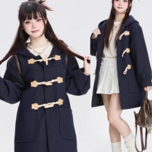 秋冬季牛角扣日系毛呢外套女学院风小个子中长款学生连帽呢大衣