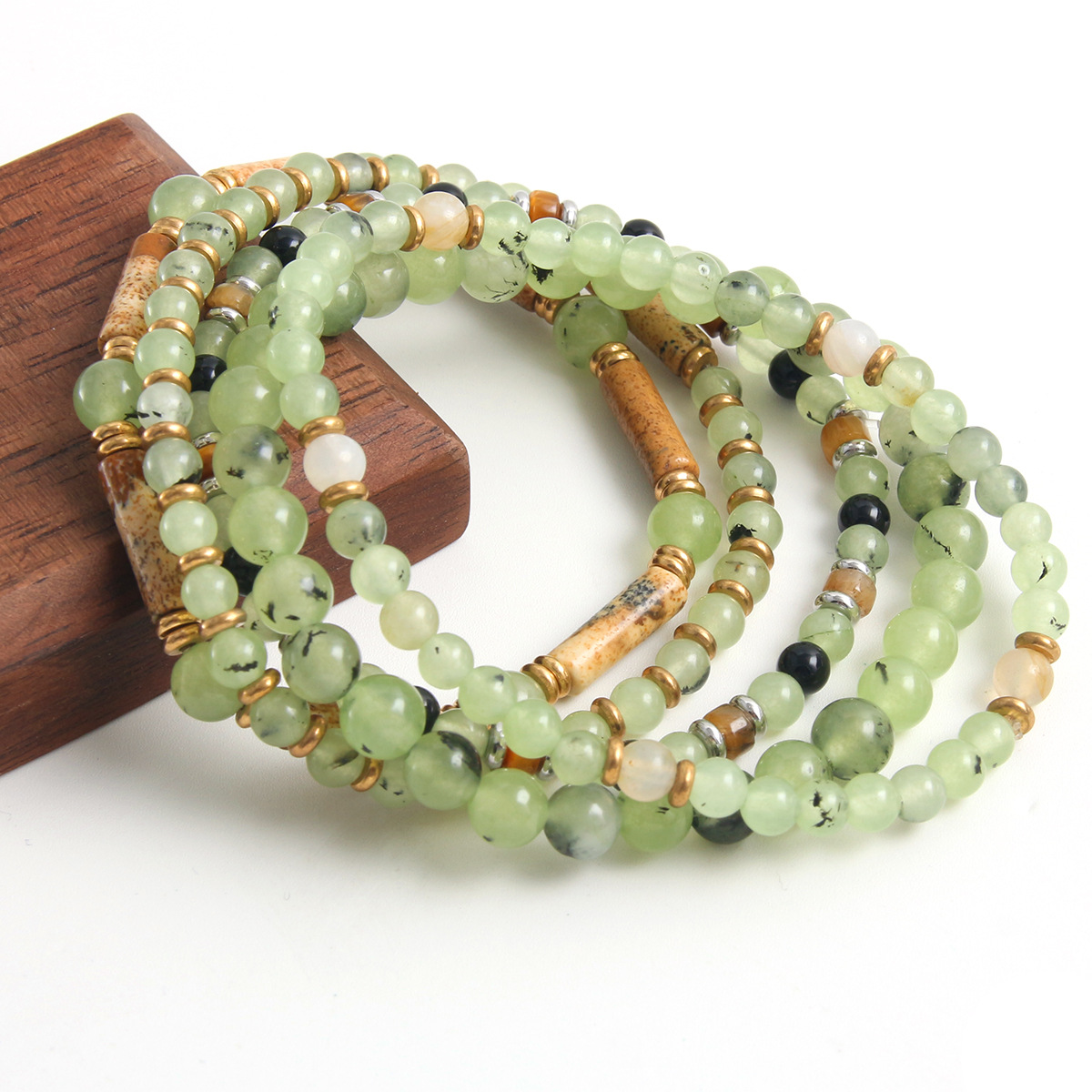 Cross-Border New Natural Stone Prehnite Cylindrical Picture Stone Beaded Bracelet Niche Design Chinese Style Trendy Bracelet