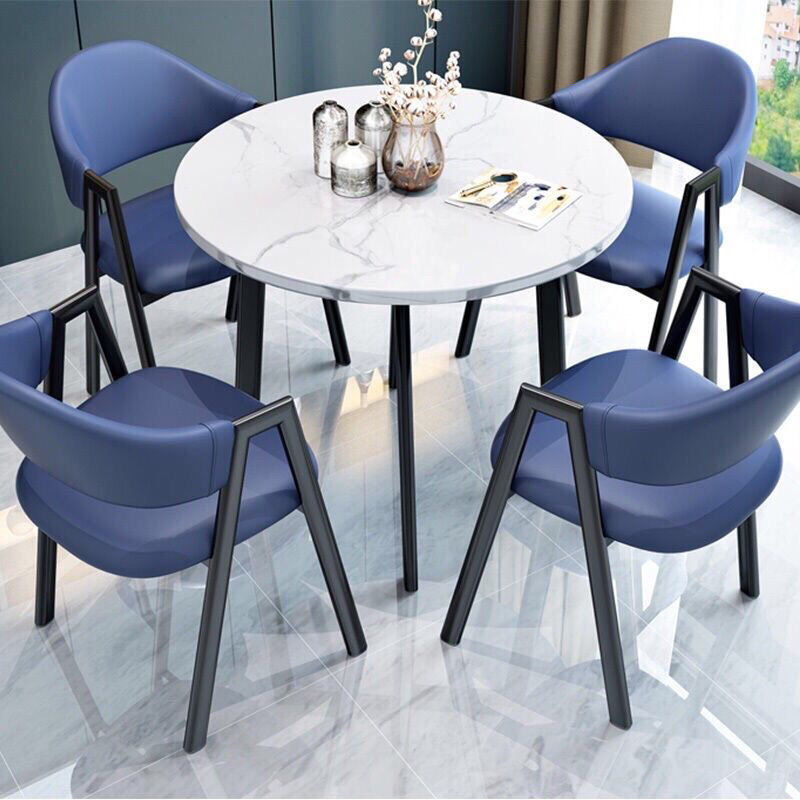 모조 흰색 대리석 테이블 상판 + 블랙 블루 가죽 일체형 A 하위 의자