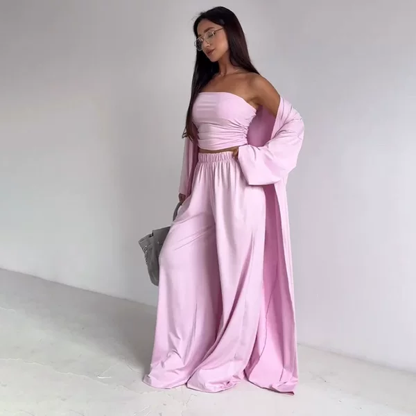 Cross-Border European and American Style Women's Fashion Casual Loose Three-Piece Set Long-Sleeve Cardigan + Pocketed Straight-Leg Pants + Tube Top