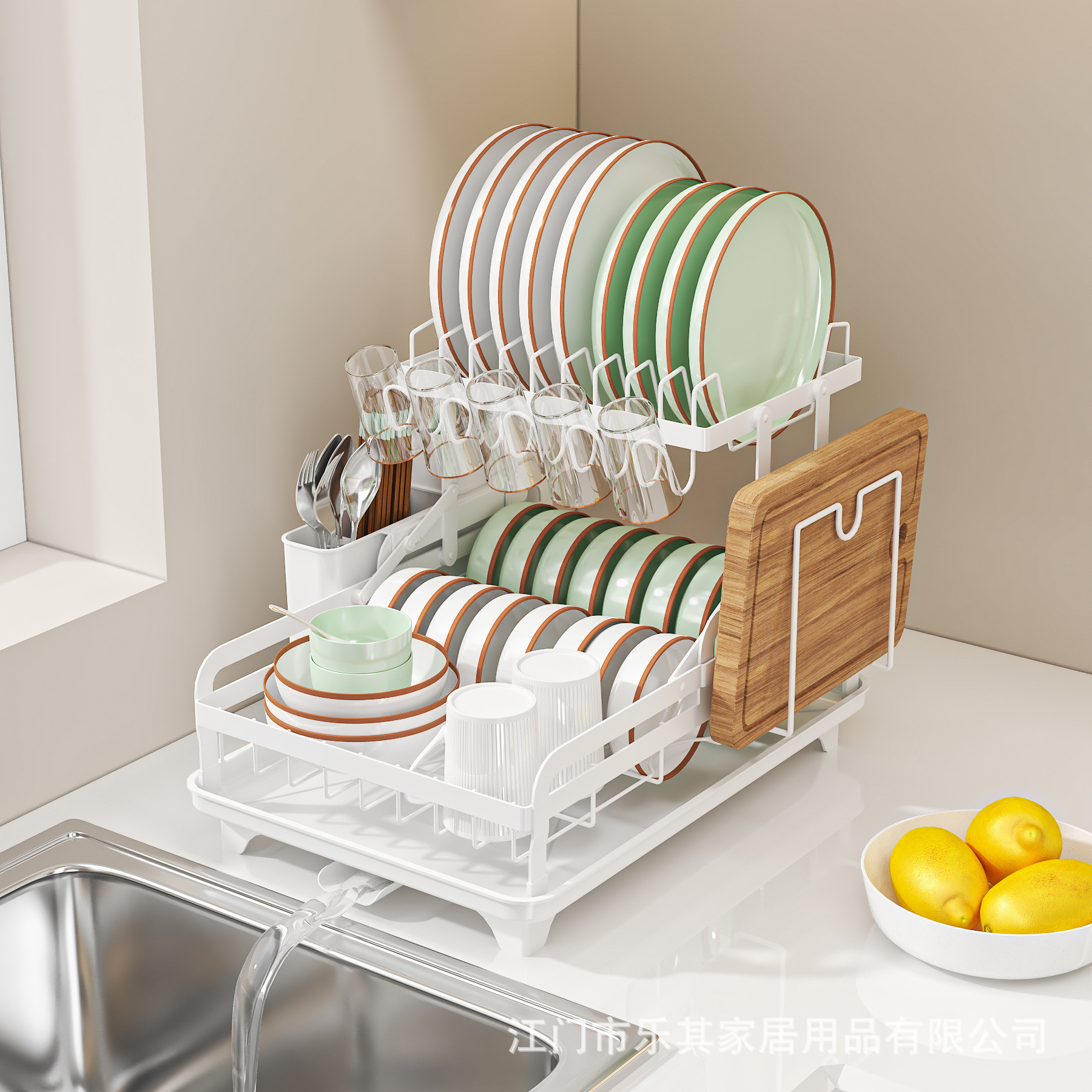 Instalación de encimera de cocina-estante de plato libre cuchillo y tenedor de doble capa taza de agua de almacenamiento de drenaje estante de almacenamiento de plato plegable
