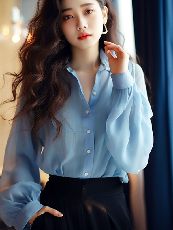 ファッションレトロ気質香港風ブルーシフォン長袖シャツ女性春の新作|undefined
