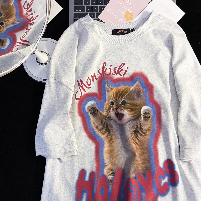 American Summer Cute Cat Print Loose Casual Versatile Short-Sleeved T-Shirt Women's Round Neck Half-Sleeved Top Trendy