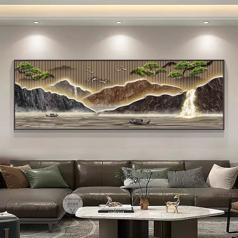 流水生財客間装飾画新中国式ソファー背景壁掛け画迎客松禅意茶室山水壁画|undefined