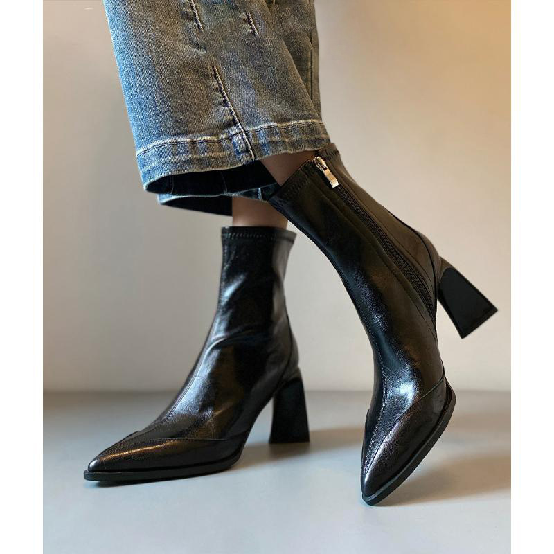Pointed Toe Soft Leather Slim Boots High Heels Slimming Short Boots Women's Side Zipper Genuine Leather Boots Winter Pointed Toe Soft Leather Slim Boots High Heels Slimming Short Boots Women's Side Zipper Genuine Leather Boots Winter