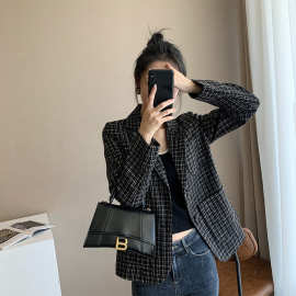 粗花呢格子西装外套女短款小个子韩版英伦风网红西服女上衣春秋装
