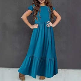 跨境欧美女童夏季褶皱短袖圆领宽松休闲飘逸分层超长连衣裙带口袋