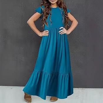 Cross-Border European and American Girls' Summer Pleated Short-Sleeve Round-Neck Casual Flowy Layered Maxi Dress with Pockets 5012 Cross-Border European and American Girls' Summer Pleated Short-Sleeve Round-Neck Casual Flowy Layered Maxi Dress with Pockets 5012