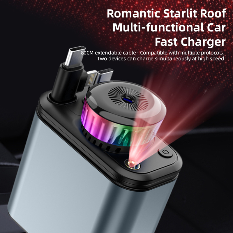 Car fast charger with starry sky light, ambient light, aromatherapy diffuser, Bluetooth MP3 player, retractable data cable