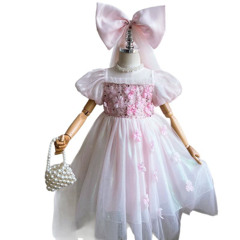 Summer clothing, small princess costume, girl's skirt, nail sequins with bow, western style, flowered, with short sleeve, tulle