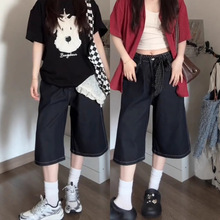 七分裤女夏薄款2025新款深蓝牛仔裤大码胖mm显瘦宽松直筒五分中裤