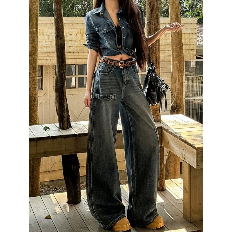 American-style ripped loose straight-leg jeans for women, 2026 early autumn vintage niche design workwear wide-leg jeans American-style ripped loose straight-leg jeans for women, 2026 early autumn vintage niche design workwear wide-leg jeans