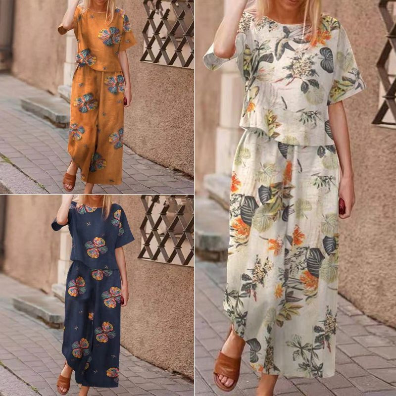 2025 Cross-Border New Women's Two-Piece Temu Printed Cotton and Linen Floral Short-Sleeve Casual Cropped Pants Set 2025 Cross-Border New Women's Two-Piece Temu Printed Cotton and Linen Floral Short-Sleeve Casual Cropped Pants Set