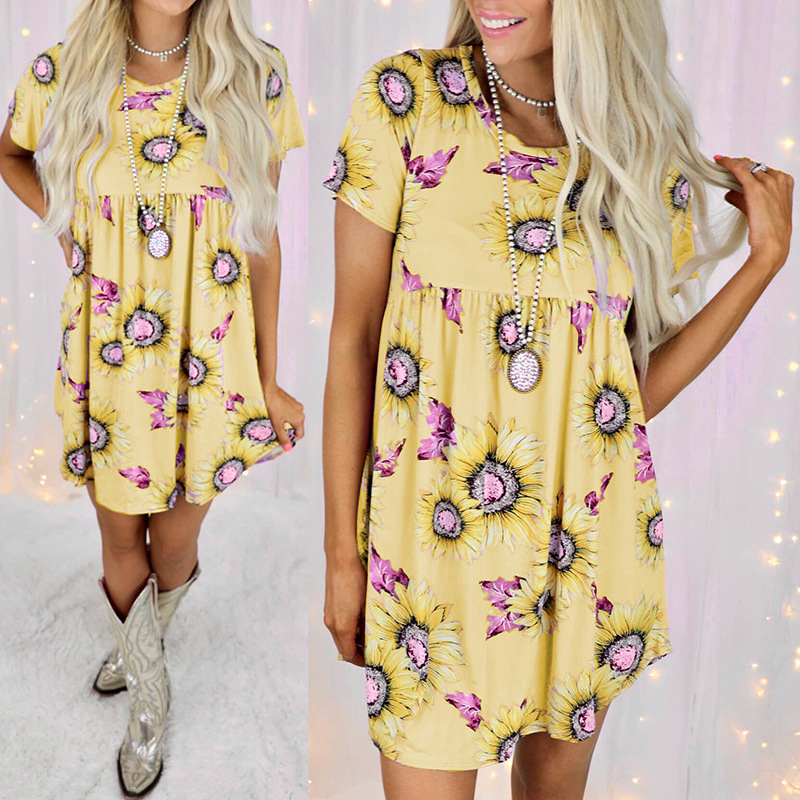 sunflower print short-sleeved round neck loose dress nihaostyles clothing wholesale NSZH80676