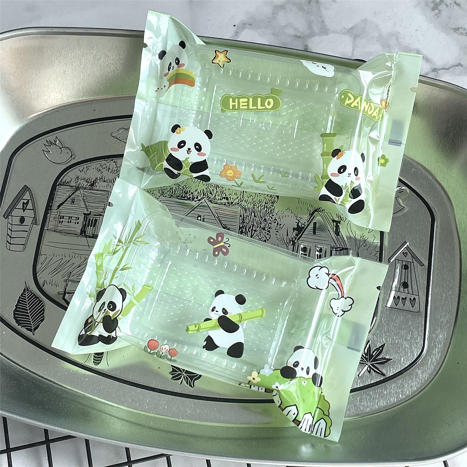 7*12卡通熊猫二合一平口袋25克烘焙凤梨酥包装曲奇饼干雪花酥机封