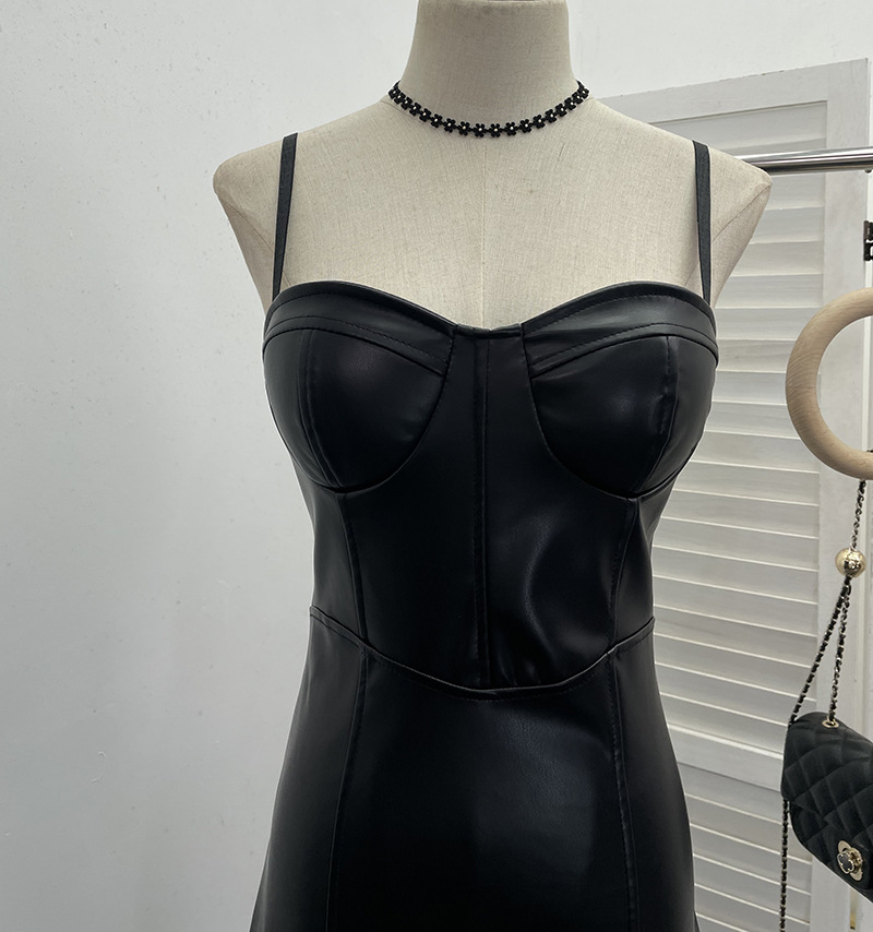 Real Shot Sexy Sling Sheath A line Faux Leather Waist Slimming Short Chest Pad Dress
