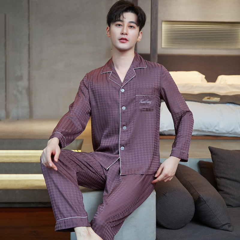 New Men's Pajama Set, Summer Thin Ice Silk Long-Sleeve Long-Pants Cardigan, Trendy Plus-Size Loungewear New Men's Pajama Set, Summer Thin Ice Silk Long-Sleeve Long-Pants Cardigan, Trendy Plus-Size Loungewear