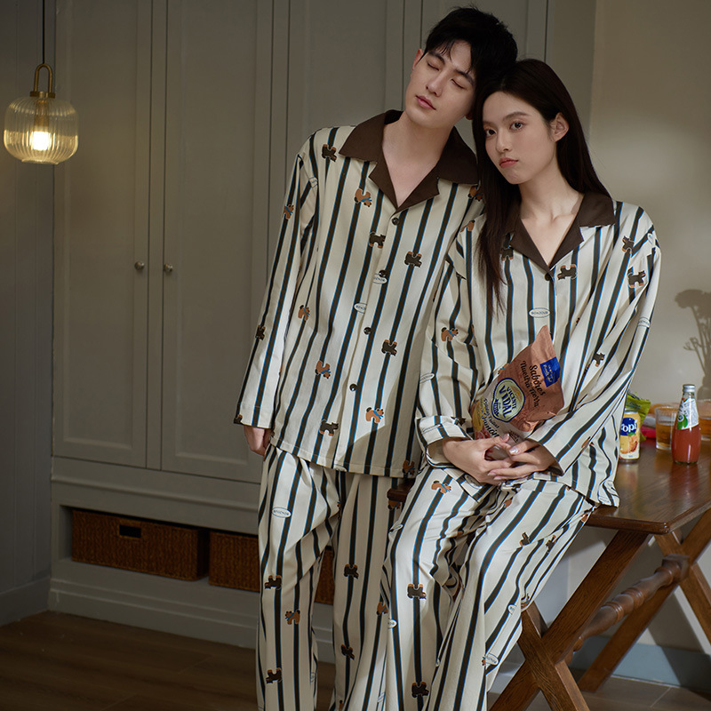 Couple Pajamas Women's Spring and Autumn Cute Puppy 2025 New Cotton Long Sleeve Striped Home Clothes Men
