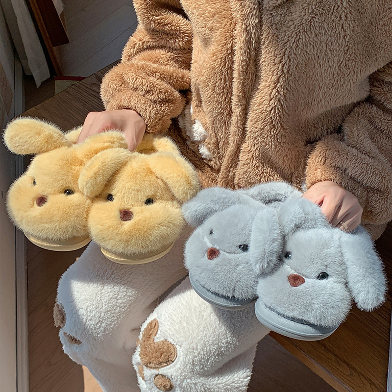 新款厚毛绒小狗毛毛棉拖鞋女冬聚保暖居家室内可爱防滑卡通棉鞋|undefined
