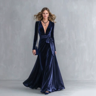 欧美跨境亚马逊新款礼服裙2026金丝绒性感V领收腰长袖大摆连衣裙