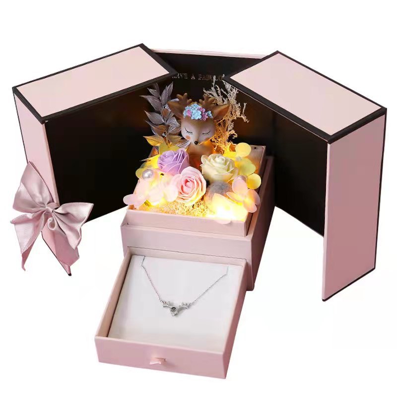 520 Regalo del Día de San Valentín caja de cajón de doble puerta caja de regalo de collar de flores de jabón rosa caja de regalo de flores eternas de ciervo