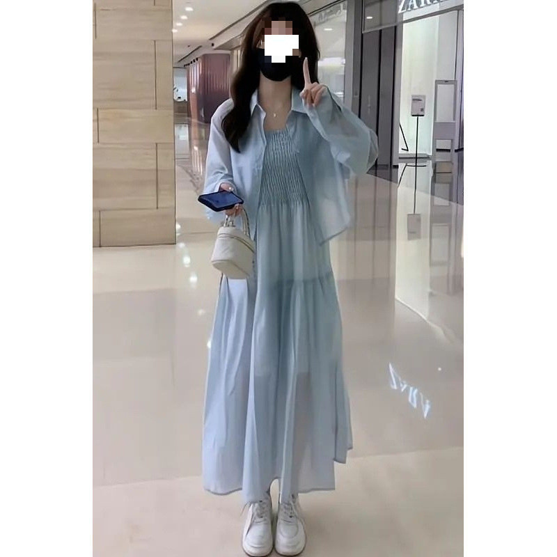 S2C Gentle and Lazy Style Dress for Women, Summer Long-Sleeve Sun-Protective Shirt Two-Piece Set with a Long Strap Dress