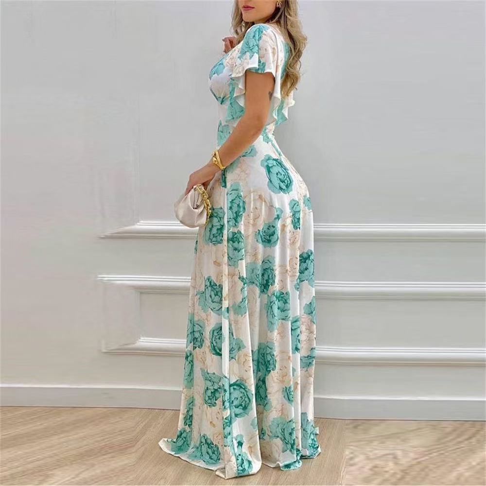 Summer Elegant Plus Size High-Quality Printed Long Dress V Neck Flowing Skirt Women's Clothing_ecoleips.com