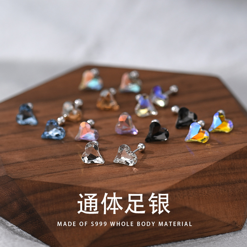 S999足銀多彩澳寶耳釘個性ins風耳骨釘女通體純銀簡約耳飾批發