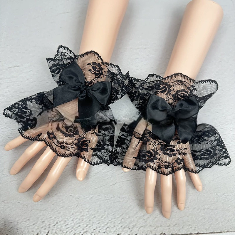 Bridal lace hand sleeves, black and white bow wrist sleeves, shooting performance female Lolita costume styling props