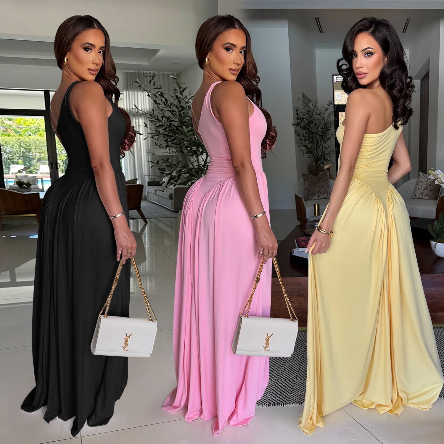 C7680 Aliexpress transfronterizo Amazon Europa y América moda de mujer temperamento cintura reducida espalda delgada vestido de hombros inclinados