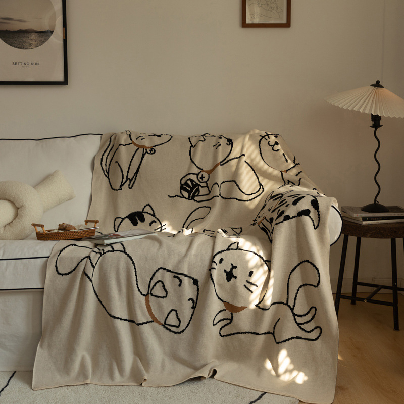 Class A cotton knitted jacquard cute cat sofa blanket air-conditioned office lunch break blanket casual cotton throw blanket