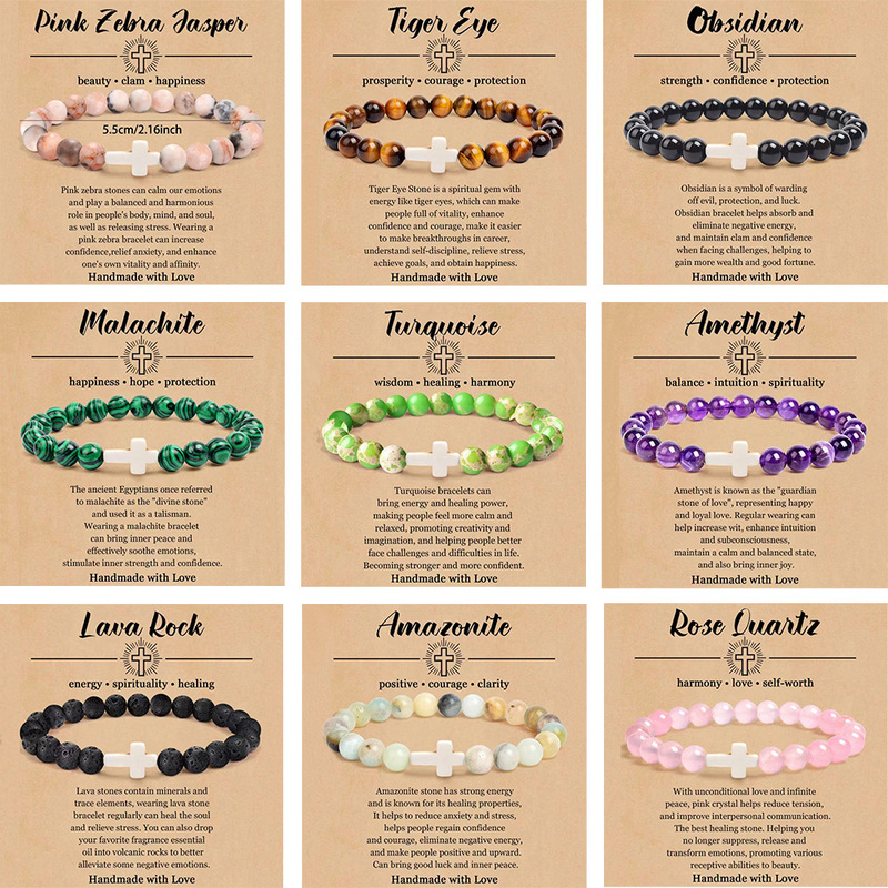 8mm agate cross beaded bracelet volcanic stone yellow tiger eye turquoise beaded men and women religious bracelet