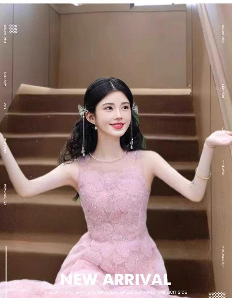 Váy maxi nữ thắt eo cổ chữ U không tay dáng chữ A — màu hồng chi tiết 1