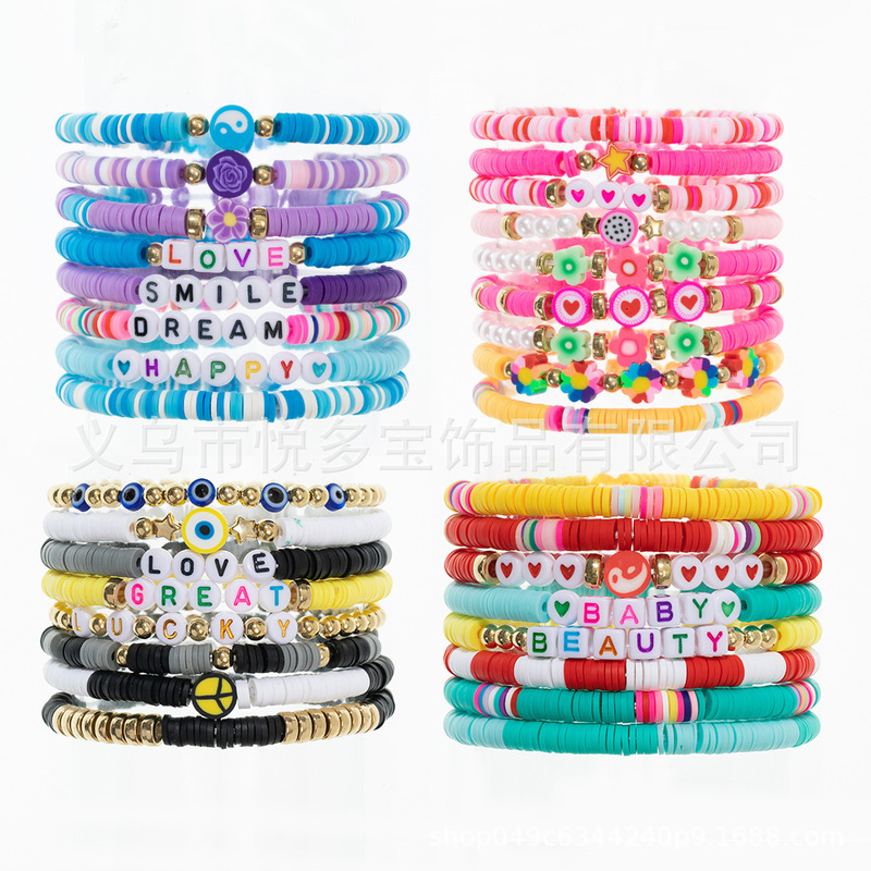 Cross-Border Amazon Soft Clay Bracelet Fashion Letter Peach Heart Sunflower Bracelet Stacked Jewelry Soft Clay Bracelet