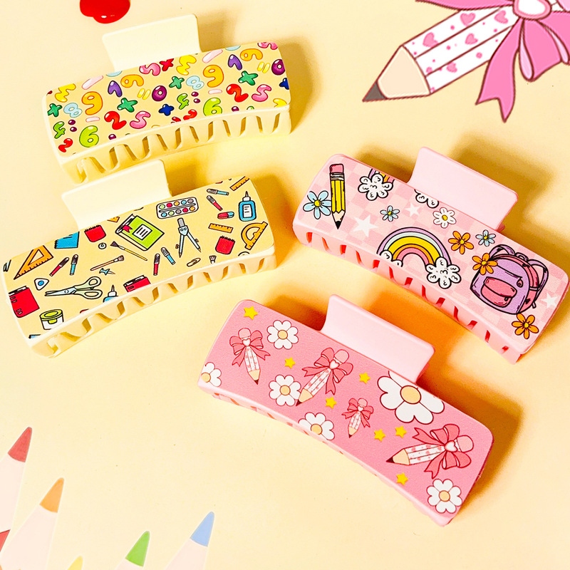 Qiguang Cross-Border New Back-To-School Season Pink and Beige Pencil Book Print Leather Hair Clip Plastic Hairpin for Bangs Qiguang Cross-Border New Back-To-School Season Pink and Beige Pencil Book Print Leather Hair Clip Plastic Hairpin for Bangs