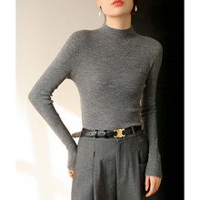 灰色100%羊毛高端半高领针织衫女秋冬修身内搭打底衫无缝一体毛衣