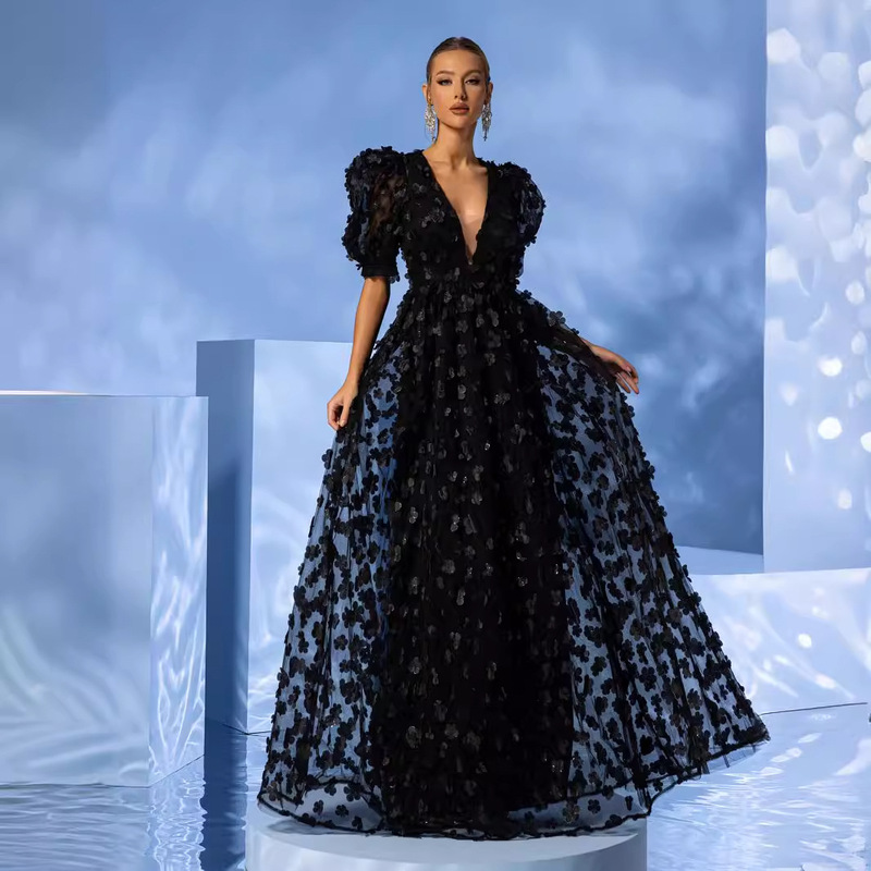 Women's Deep V-Neck Ball Gown Evening Dress with Puff Short Sleeves and 3D Floral Embellishments in Black Mesh Fabric - Cjt20094