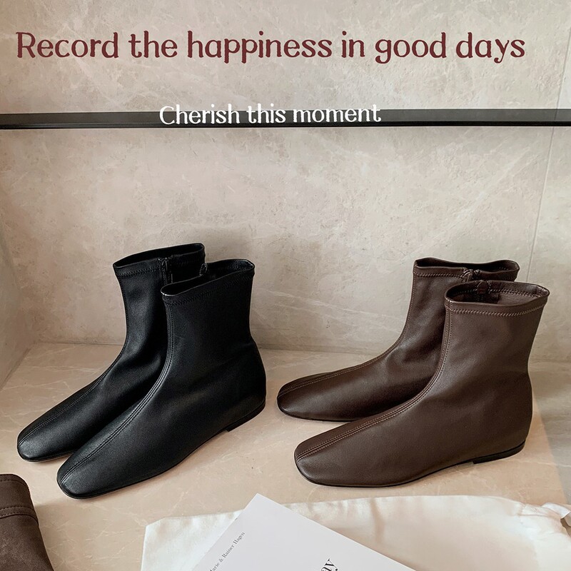 Grape Mom's New Autumn and Winter Style Inner Heightening 3cm Side Zipper Slim Boots Elastic Boots Women's Flats Retro Short Boots