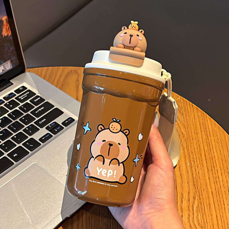 卡皮巴拉保温杯可爱儿童吸管杯上学专用316不锈钢防摔斜跨大肚杯|undefined