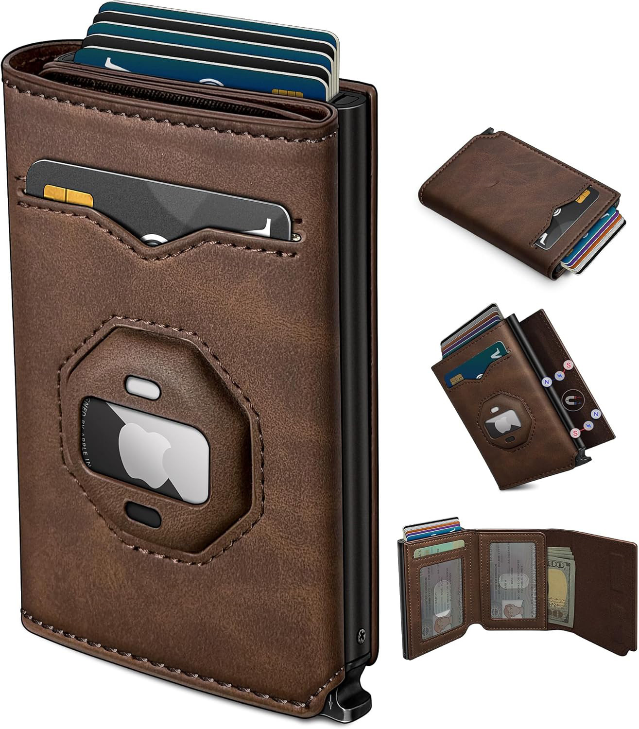Monedero de rastreo transfronterizo de airtag de hombre multi-tarjeta de fibra de carbono cartera de tarjetas de cartera antirrobo de cepillo de cuero de hombre