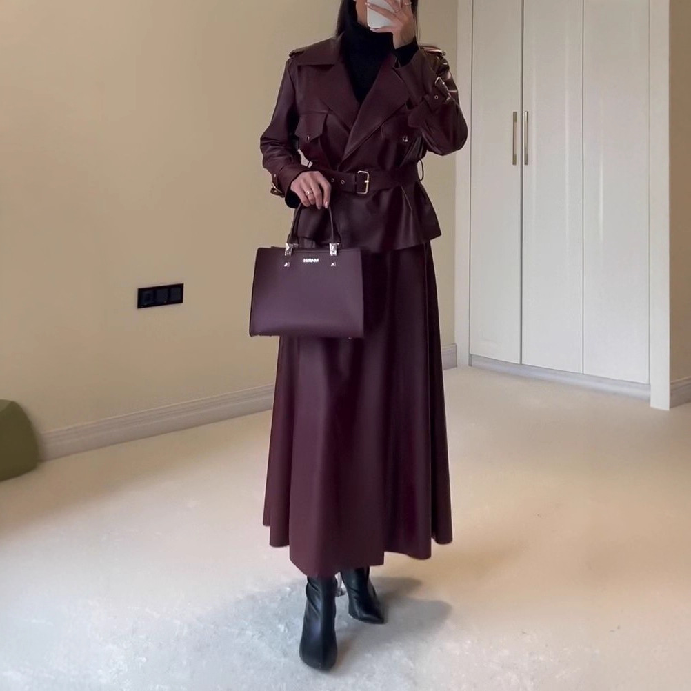 2025 Cross-Border European and American Fashion Elegant Belt Fashion V Neck Pure Color Retro Leather Jacket Trendyy Long-Sleeved A-Line Long Skirt