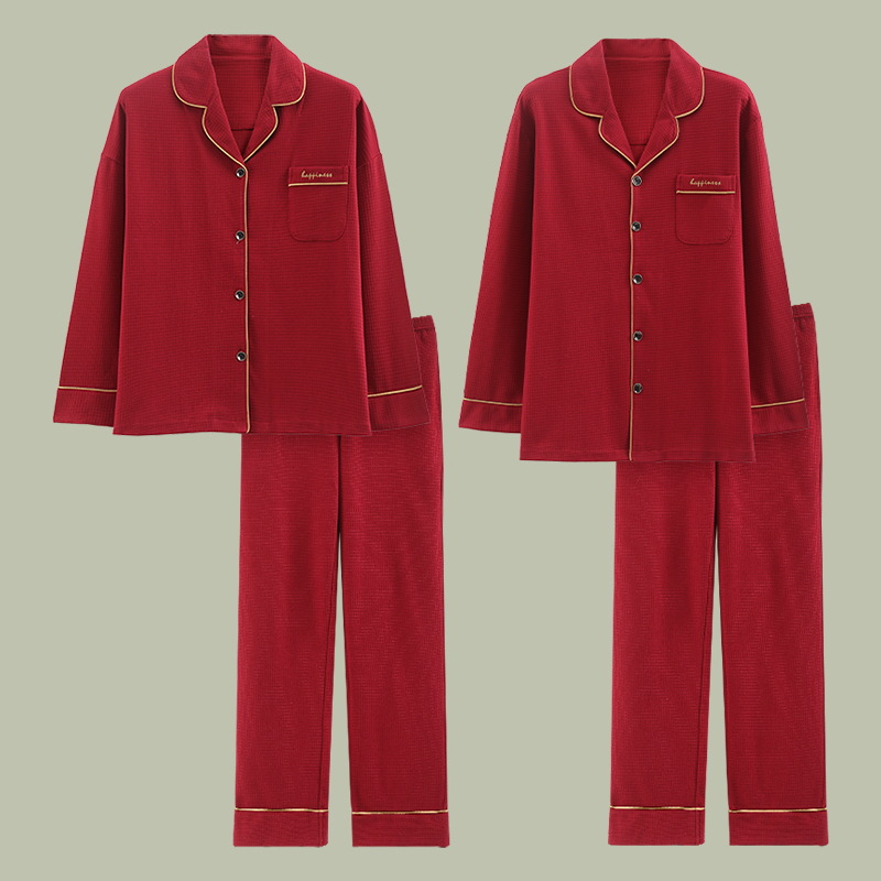 Algodón puro pareja rojo pijamas de las mujeres otoño cardigan solapa manga larga suelta casual homewear traje hombres