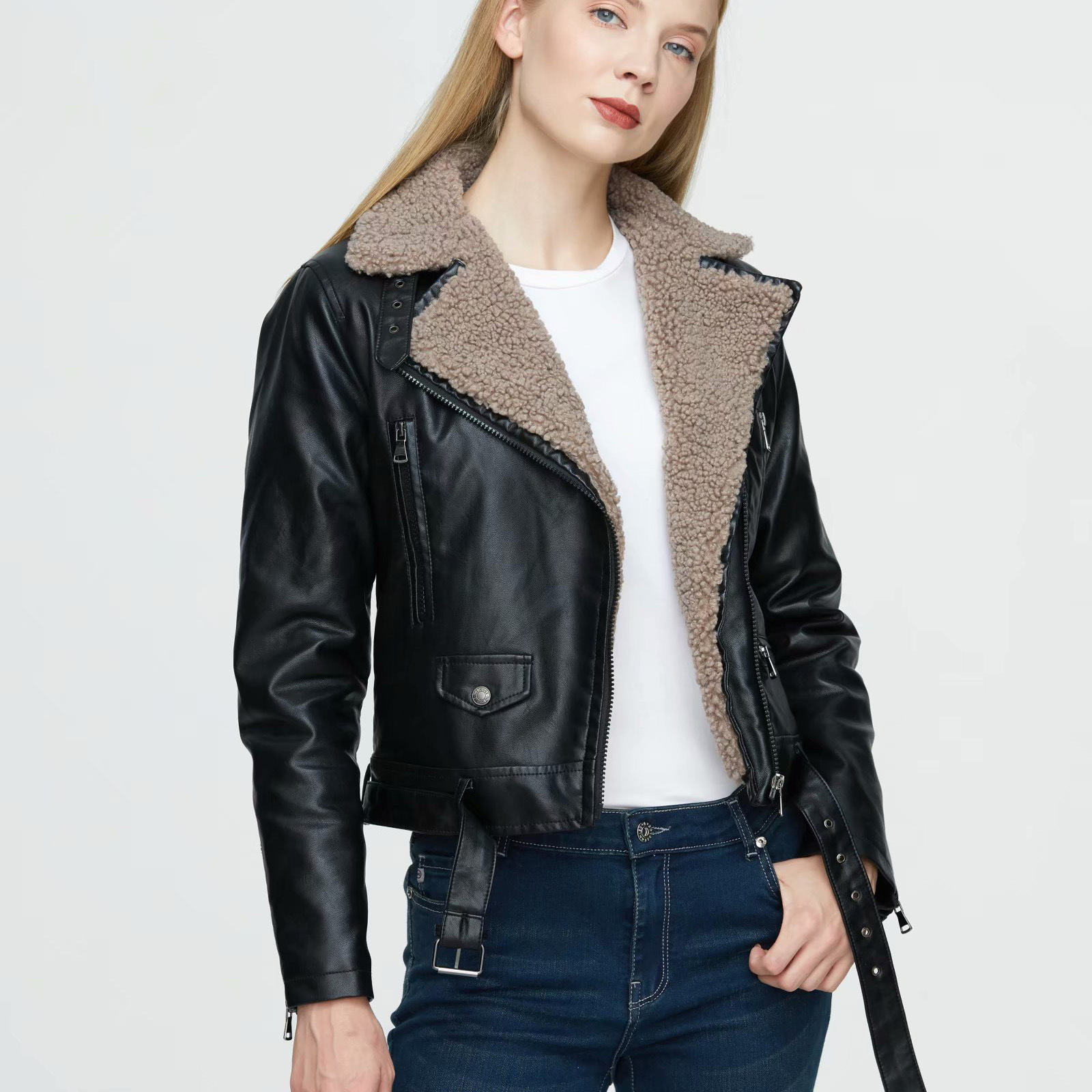 Abbigliamento donna autunno e inverno pelliccia tutto in uno pelliccia di agnello moto giacca in pelle da donna ispessita_voghion.com