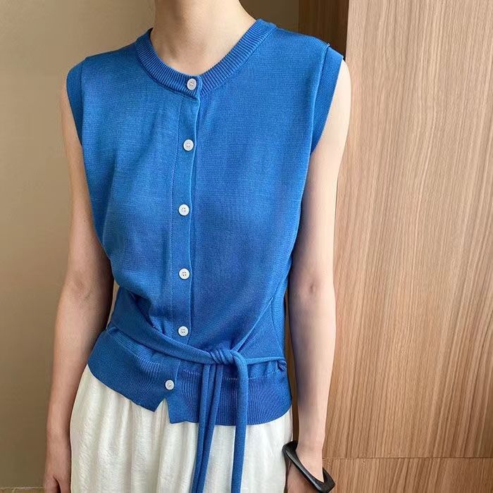 Petite Orange Tie-Dye Ice Silk Knitted Sleeveless Vest T-Shirt for Women, Summer Design Niche Short Cardigan Top