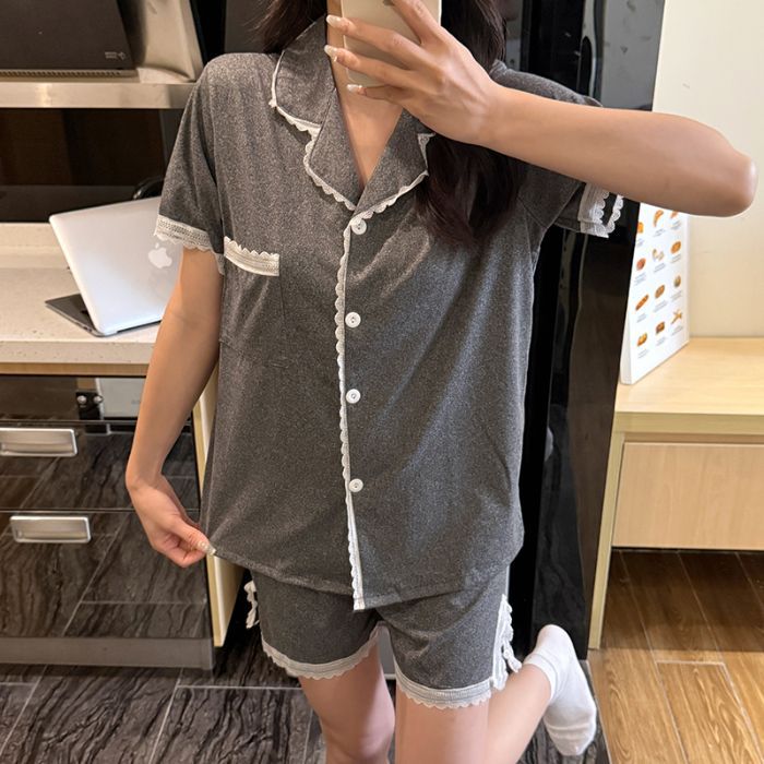 Venta al por mayor transfronteriza pijamas finos de verano para mujer pantalones cortos de manga corta de encaje de algodón de imitación
